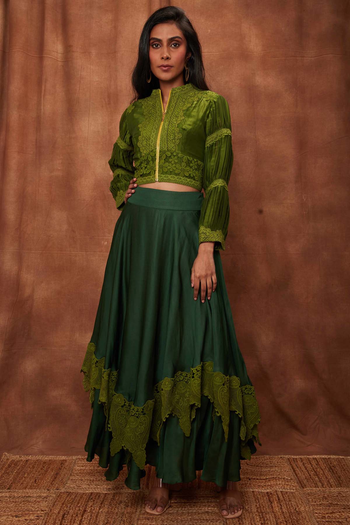 Buy Dark Green Silk Jacket & Laced Skirt for Women Online